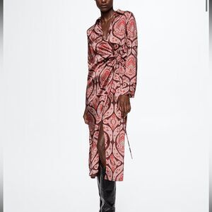 Mango Satin Paisley Print Shirt Dress Wrap Midi Size 6 Burgundy Red Coastal Boho